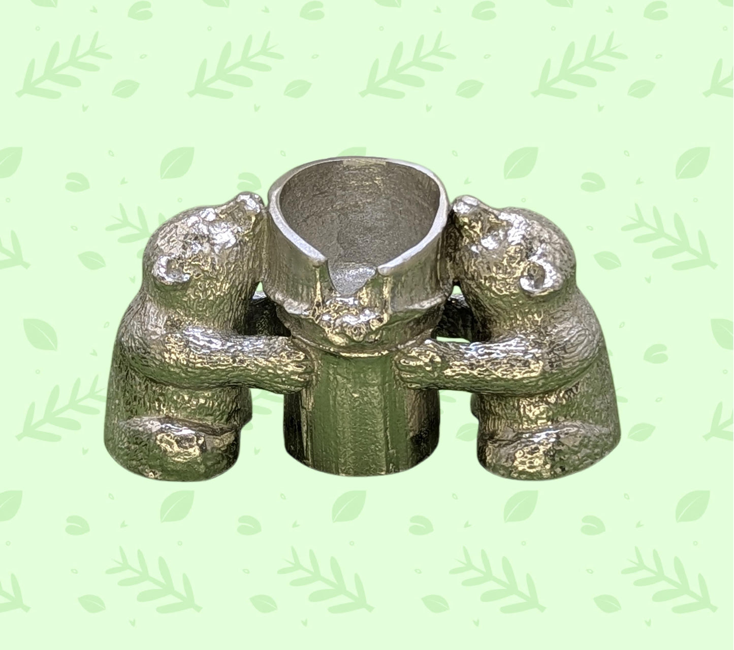 Handmade Minimalist Bamboo Pandas Pewter Taper Candle Holder, Decor Collectible