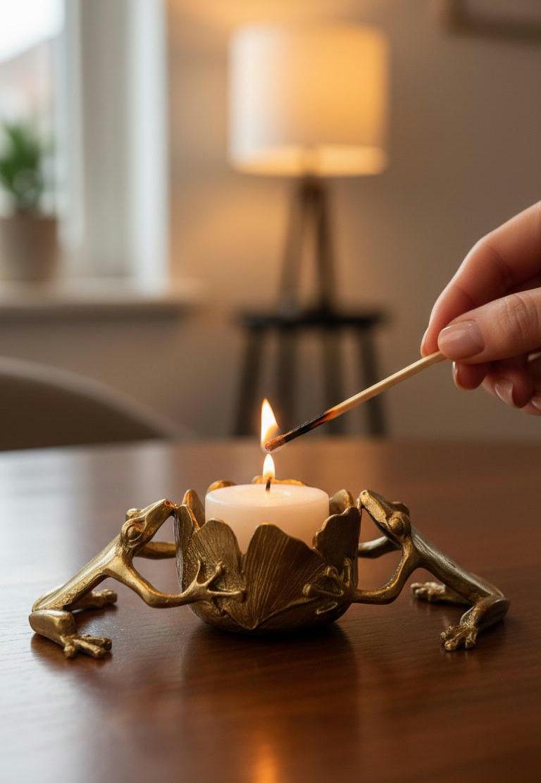 Pewter Ginkgo Frogs Tea Light Candle Holder, Hand-Cast Table Decor, Nature Inspired