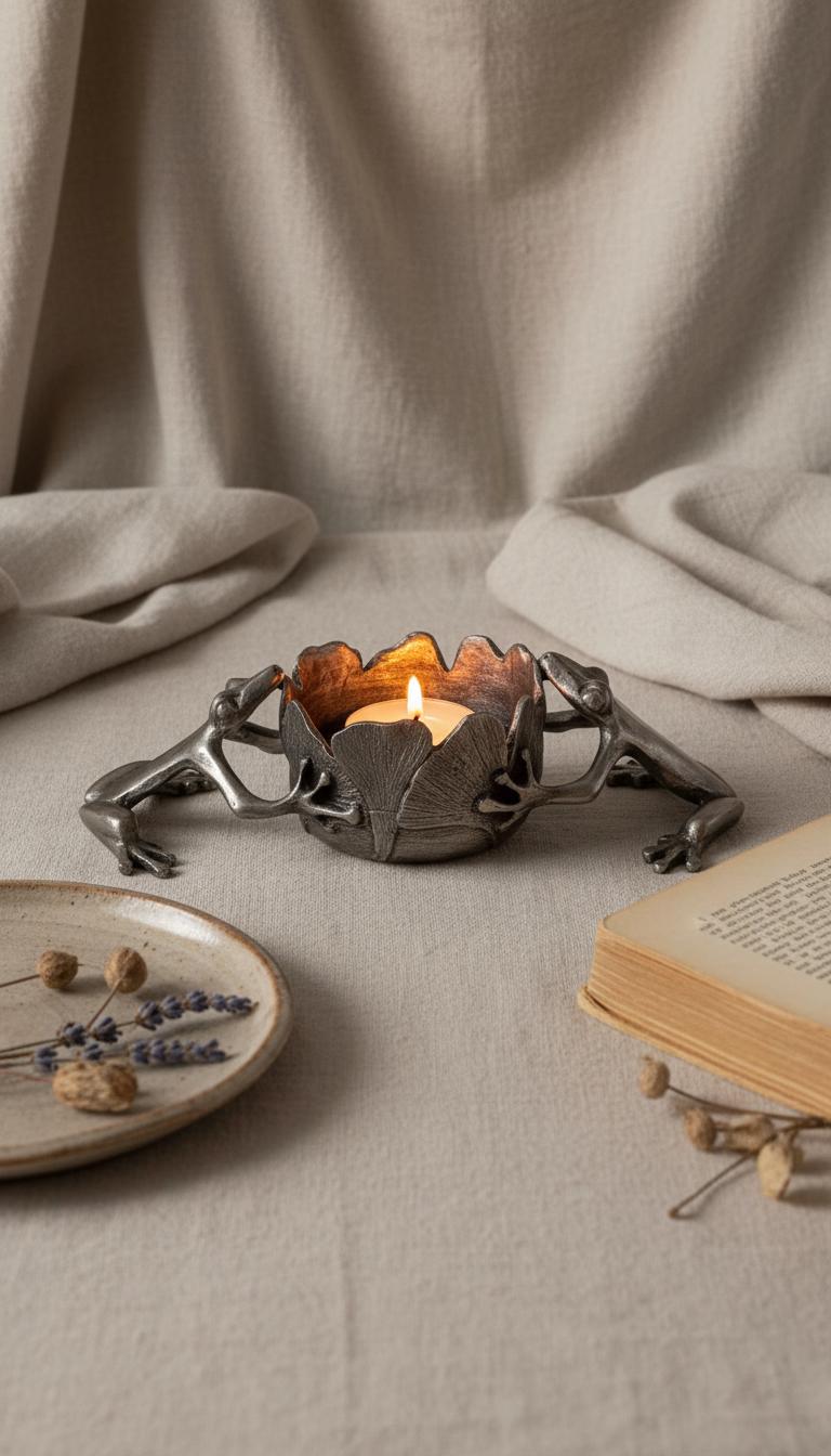 Pewter Ginkgo Frogs Tea Light Candle Holder, Hand-Cast Table Decor, Nature Inspired