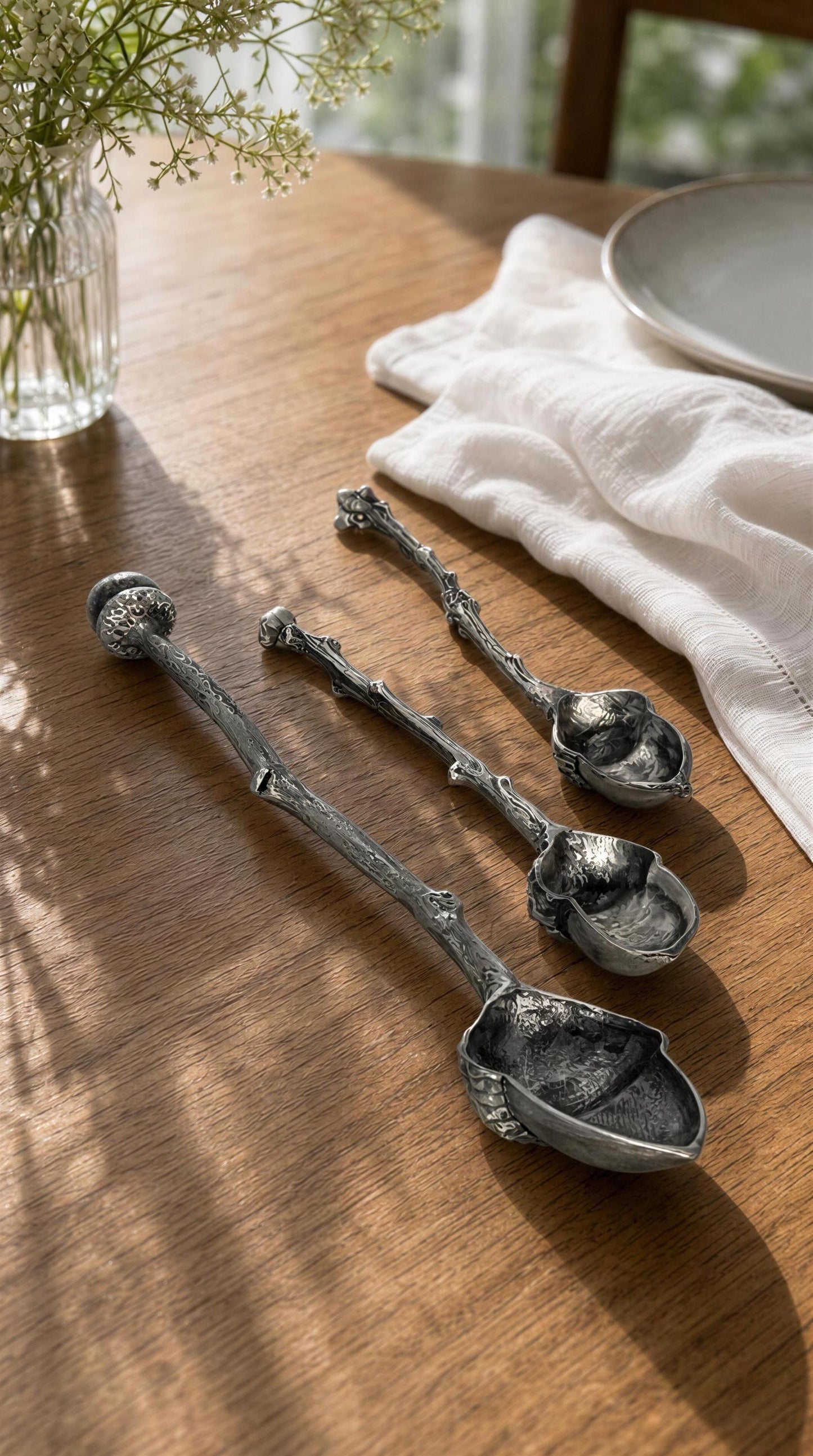 Handmade Acorn Spoons Set: Lead-Free Pewter, Twig Handle, Inspired by Nature