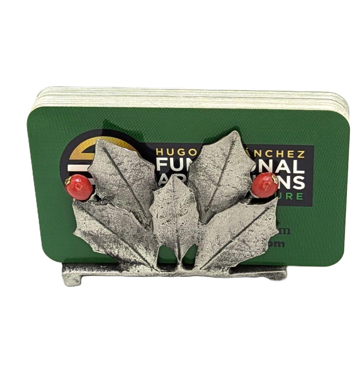 Holly Pewter Business Card Holder, Handmade Decor, Inspired by Nature