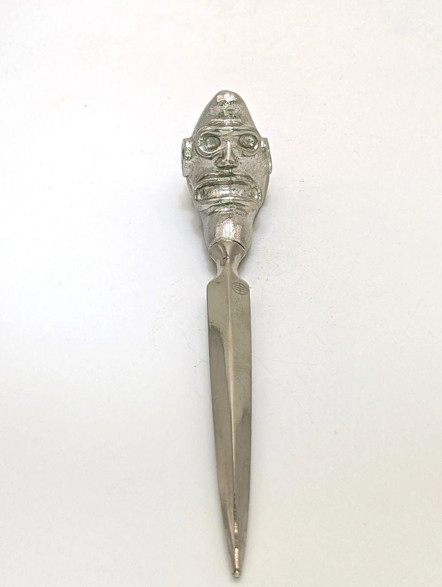 Handcrafted Pewter Taino Trigonolito Three-Pointed Stone Letter Opener, Caribbean Cultural Desk Collectible