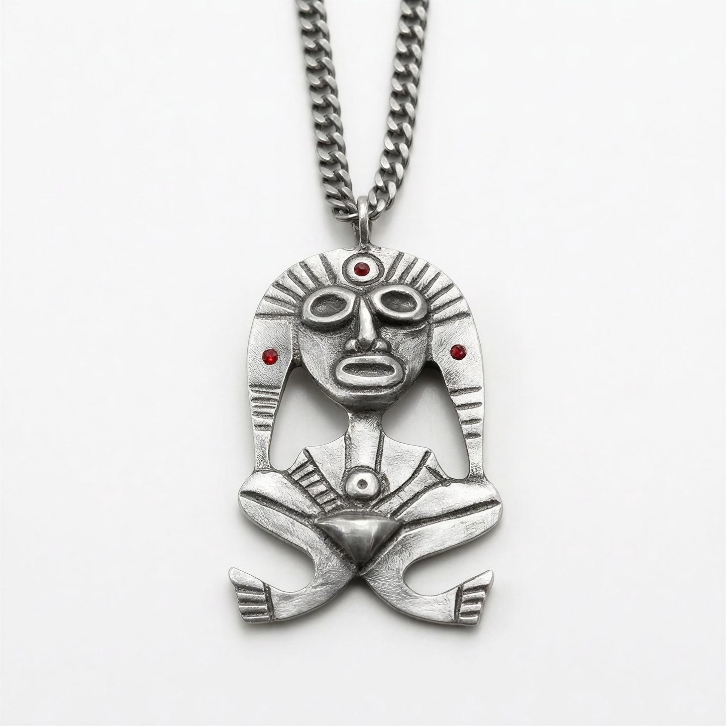 Pewter Taino Atabey Mother Goddess Pendant, Caribbean Cultural Jewelry, Garnet Accents