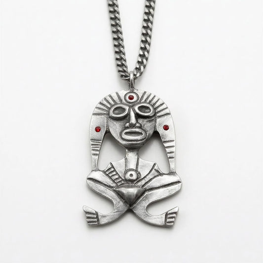Pewter Taino Atabey Mother Goddess Pendant, Caribbean Cultural Jewelry, Garnet Accents