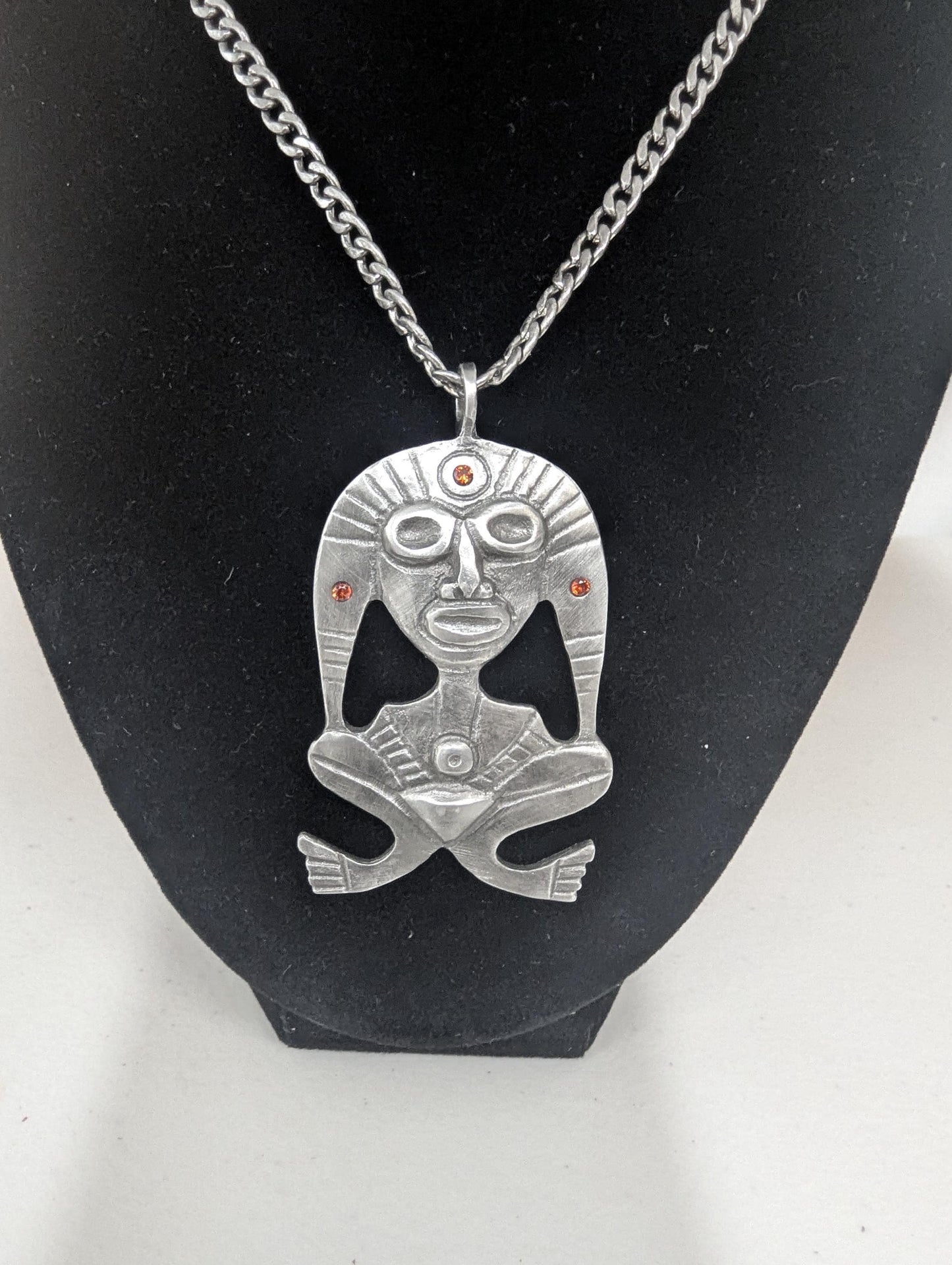 Pewter Taino Atabey Mother Goddess Pendant, Caribbean Cultural Jewelry, Garnet Accents