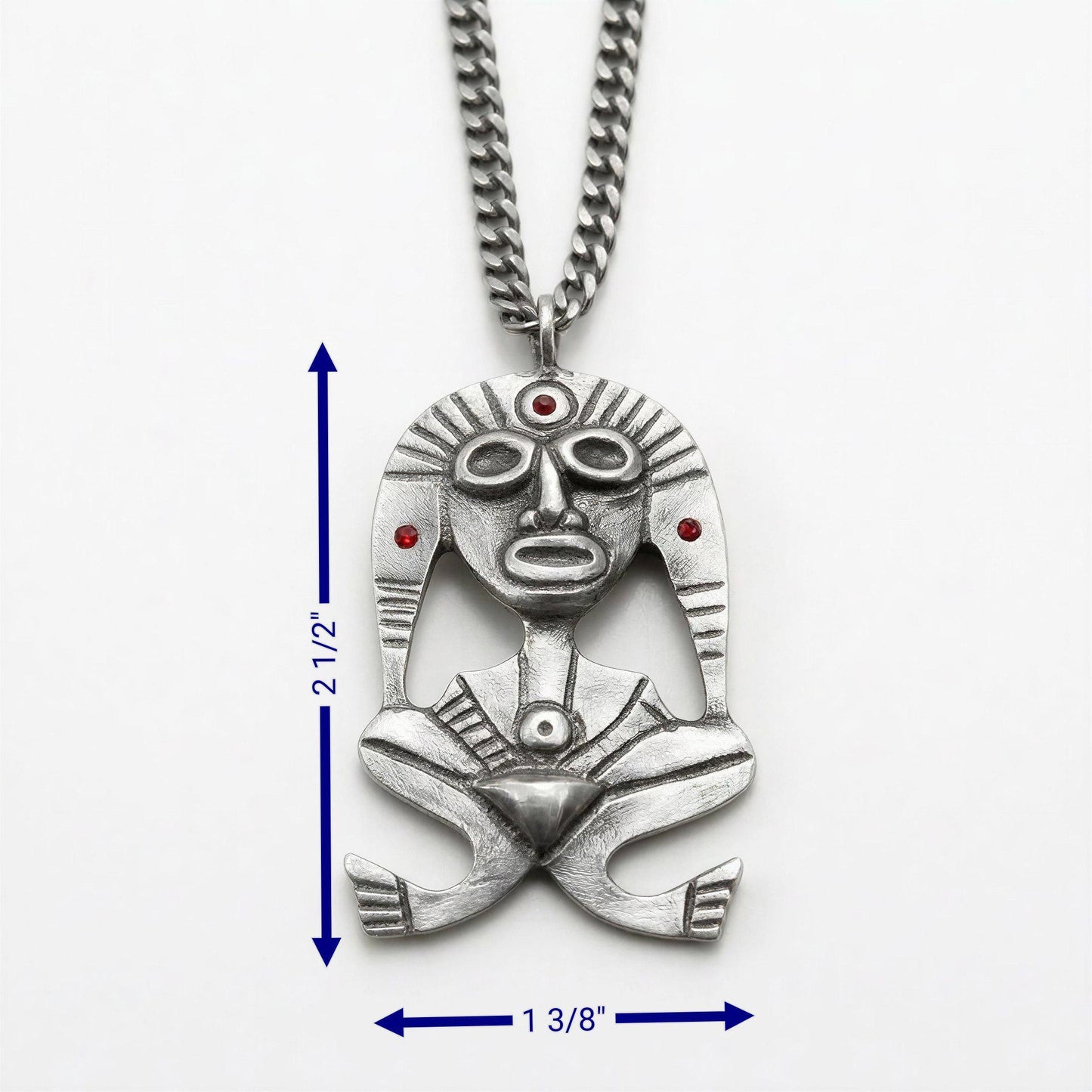 Pewter Taino Atabey Mother Goddess Pendant, Caribbean Cultural Jewelry, Garnet Accents