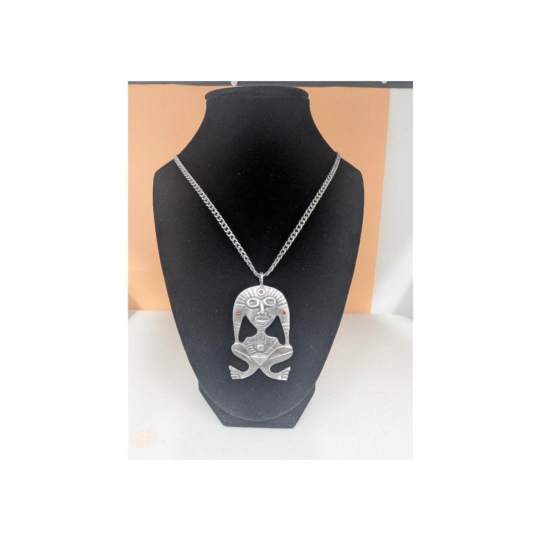 Pewter Taino Atabey Mother Goddess Pendant, Caribbean Cultural Jewelry, Garnet Accents