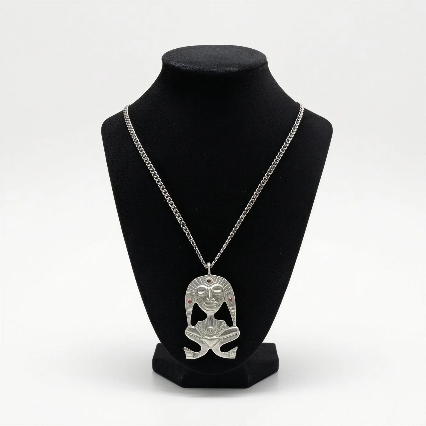 Pewter Taino Atabey Mother Goddess Pendant, Caribbean Cultural Jewelry, Garnet Accents