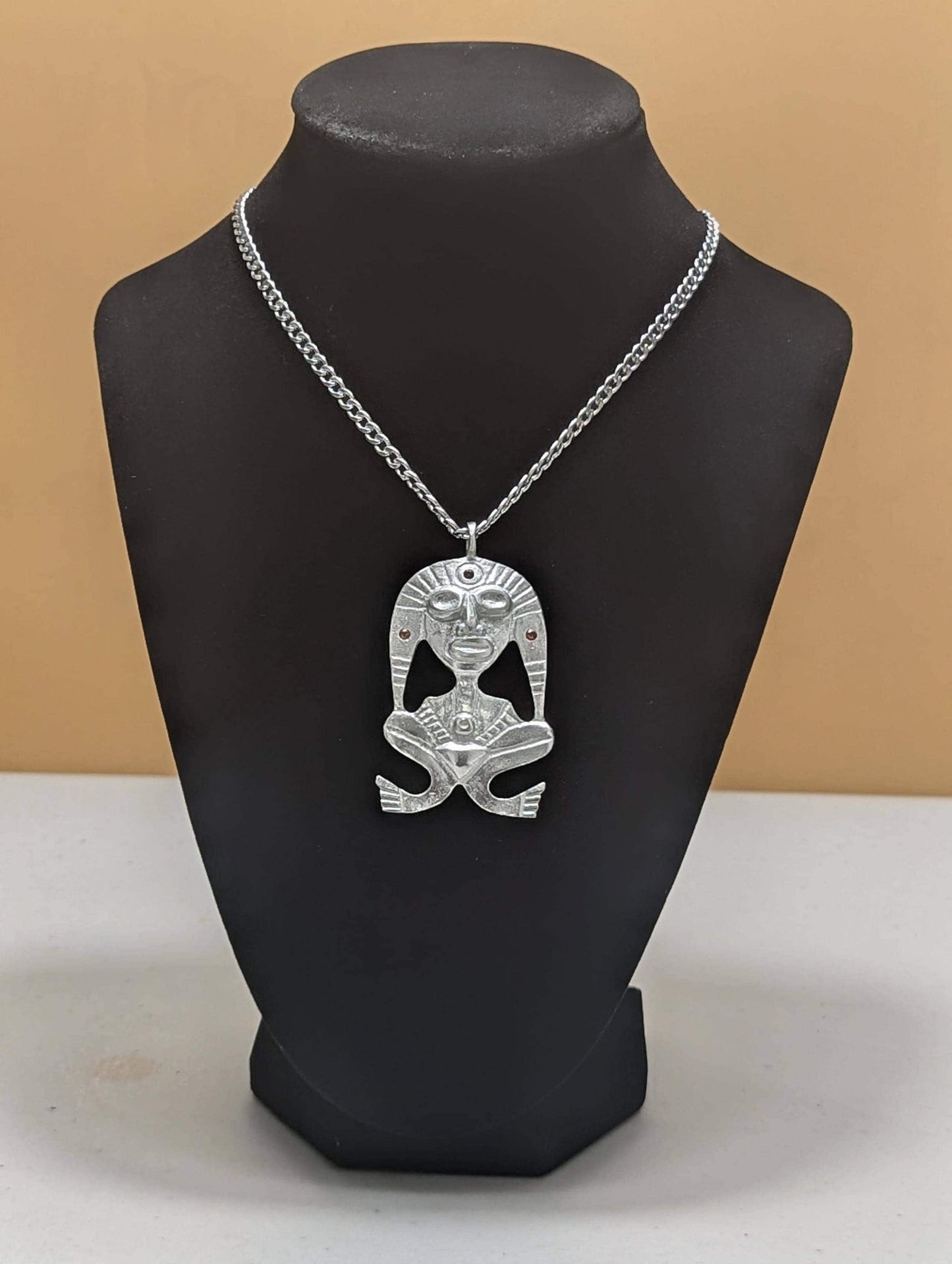 Pewter Taino Atabey Mother Goddess Pendant, Caribbean Cultural Jewelry, Garnet Accents