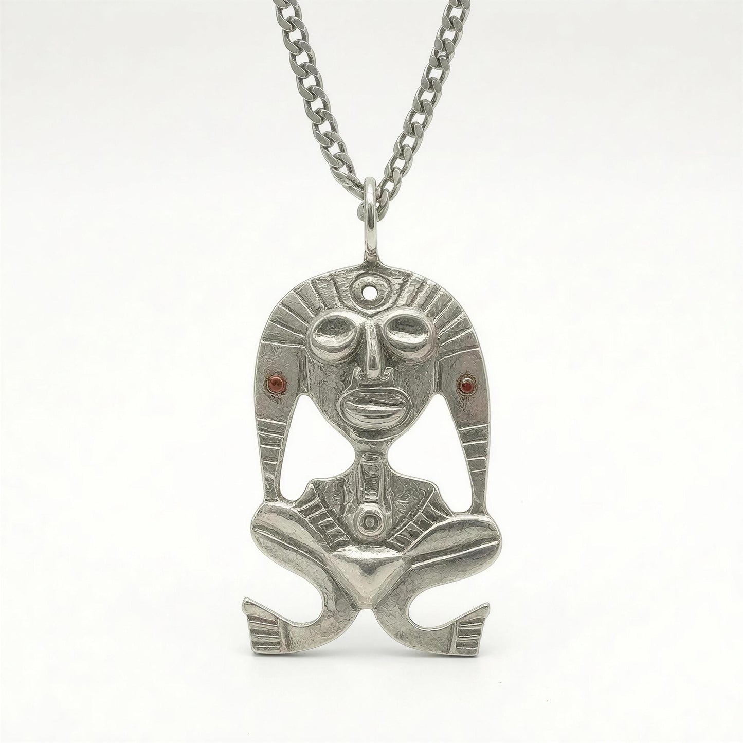 Pewter Taino Atabey Mother Goddess Pendant, Caribbean Cultural Jewelry, Garnet Accents