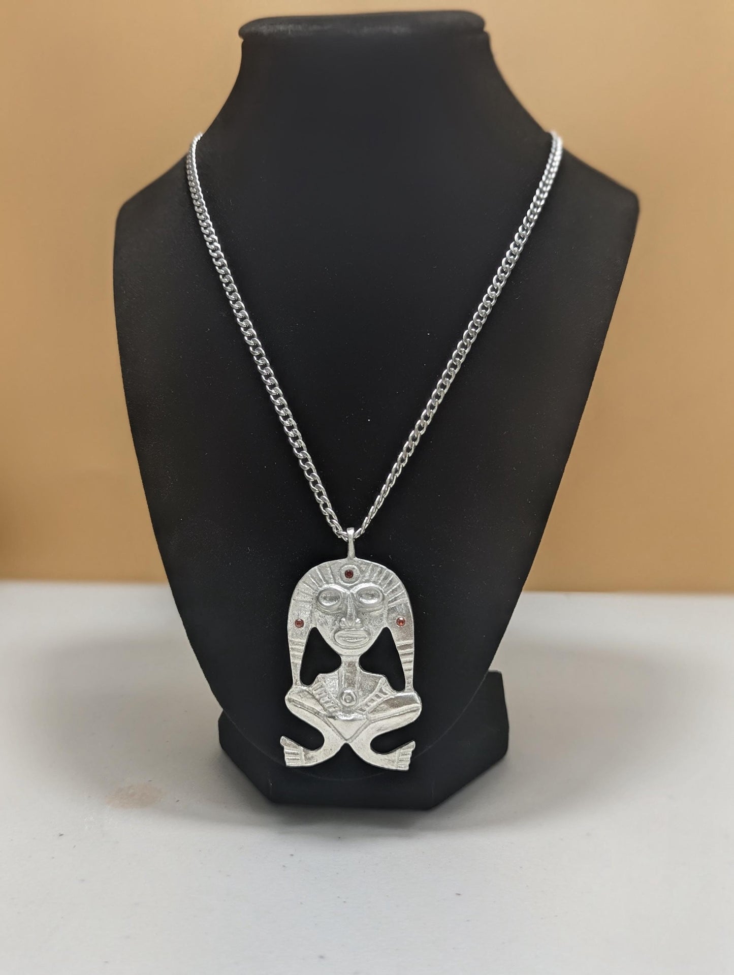 Pewter Taino Atabey Mother Goddess Pendant, Caribbean Cultural Jewelry, Garnet Accents