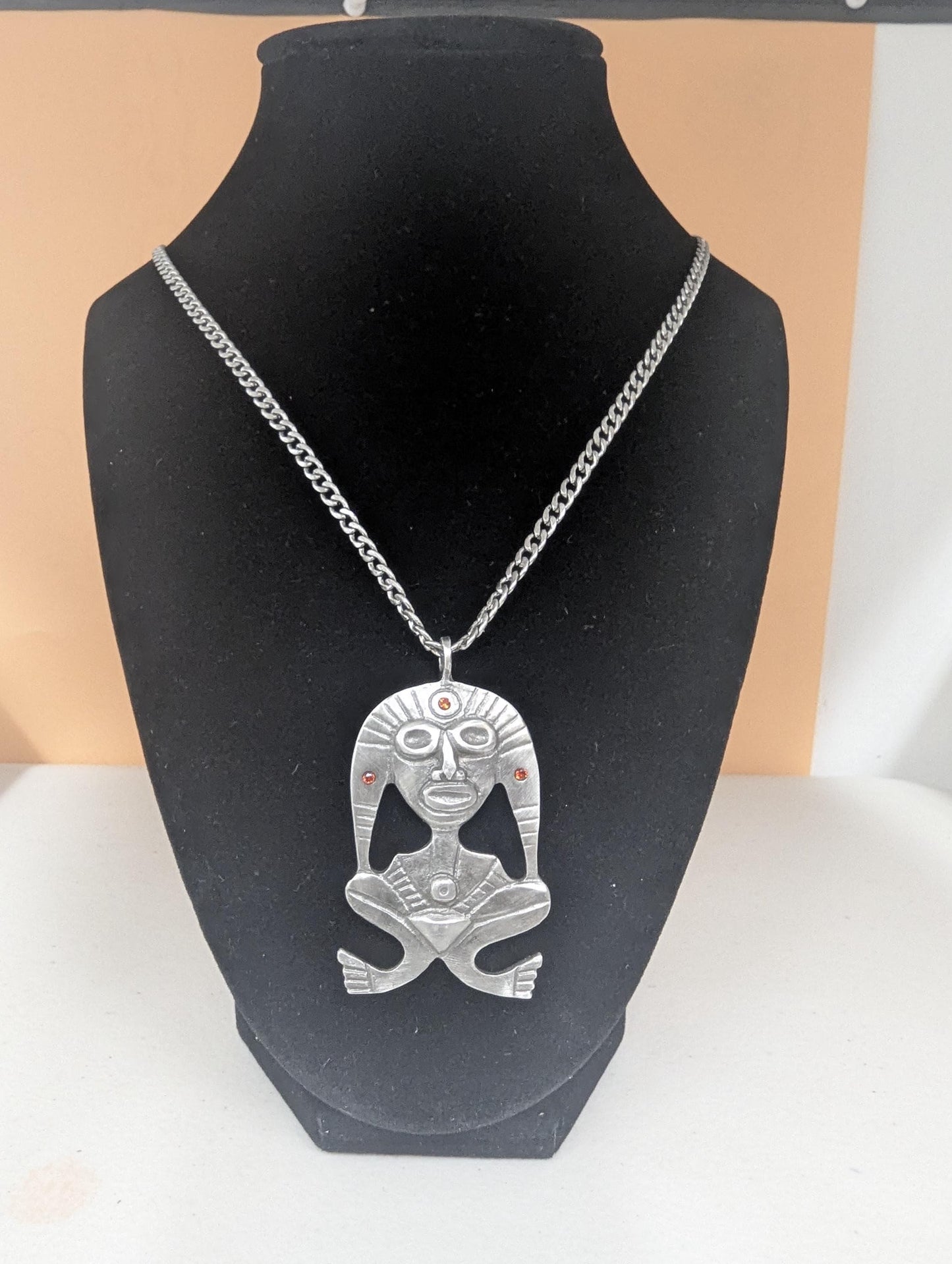 Pewter Taino Atabey Mother Goddess Pendant, Caribbean Cultural Jewelry, Garnet Accents