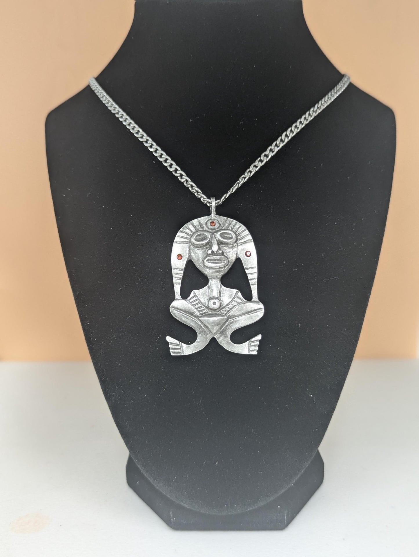 Pewter Taino Atabey Mother Goddess Pendant, Caribbean Cultural Jewelry, Garnet Accents
