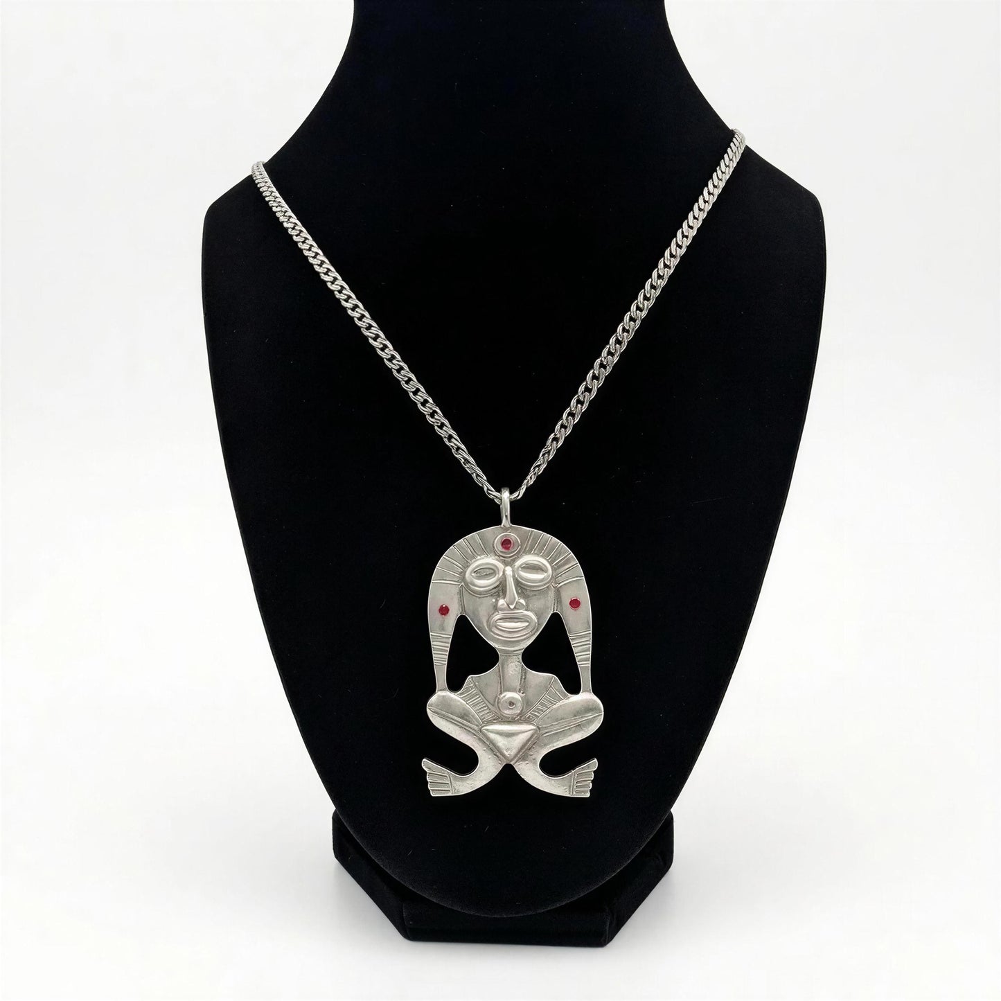 Pewter Taino Atabey Mother Goddess Pendant, Caribbean Cultural Jewelry, Garnet Accents