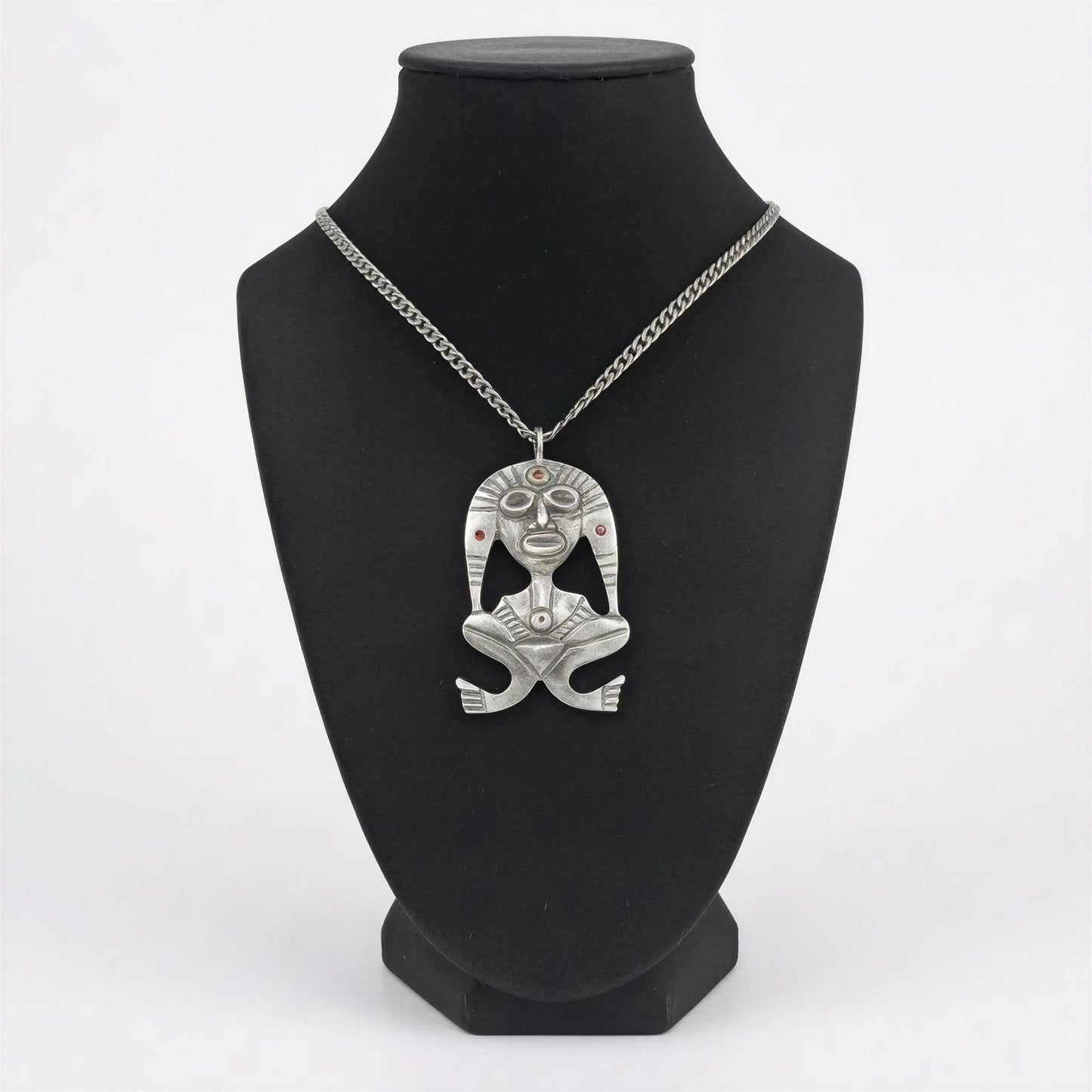 Pewter Taino Atabey Mother Goddess Pendant, Caribbean Cultural Jewelry, Garnet Accents