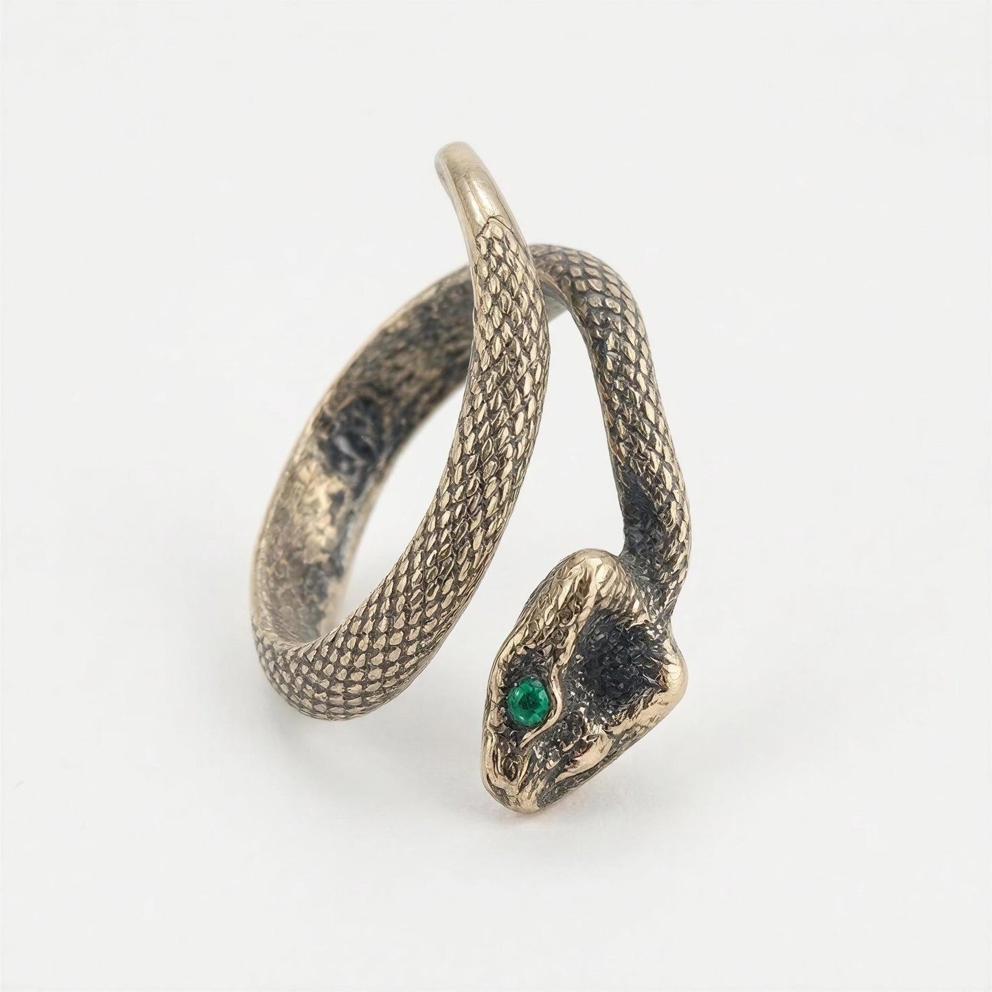 Handcrafted Bronze Emerald-Eyed Snake Wrap Adjustable Statement Ring, Artisan Jewelry