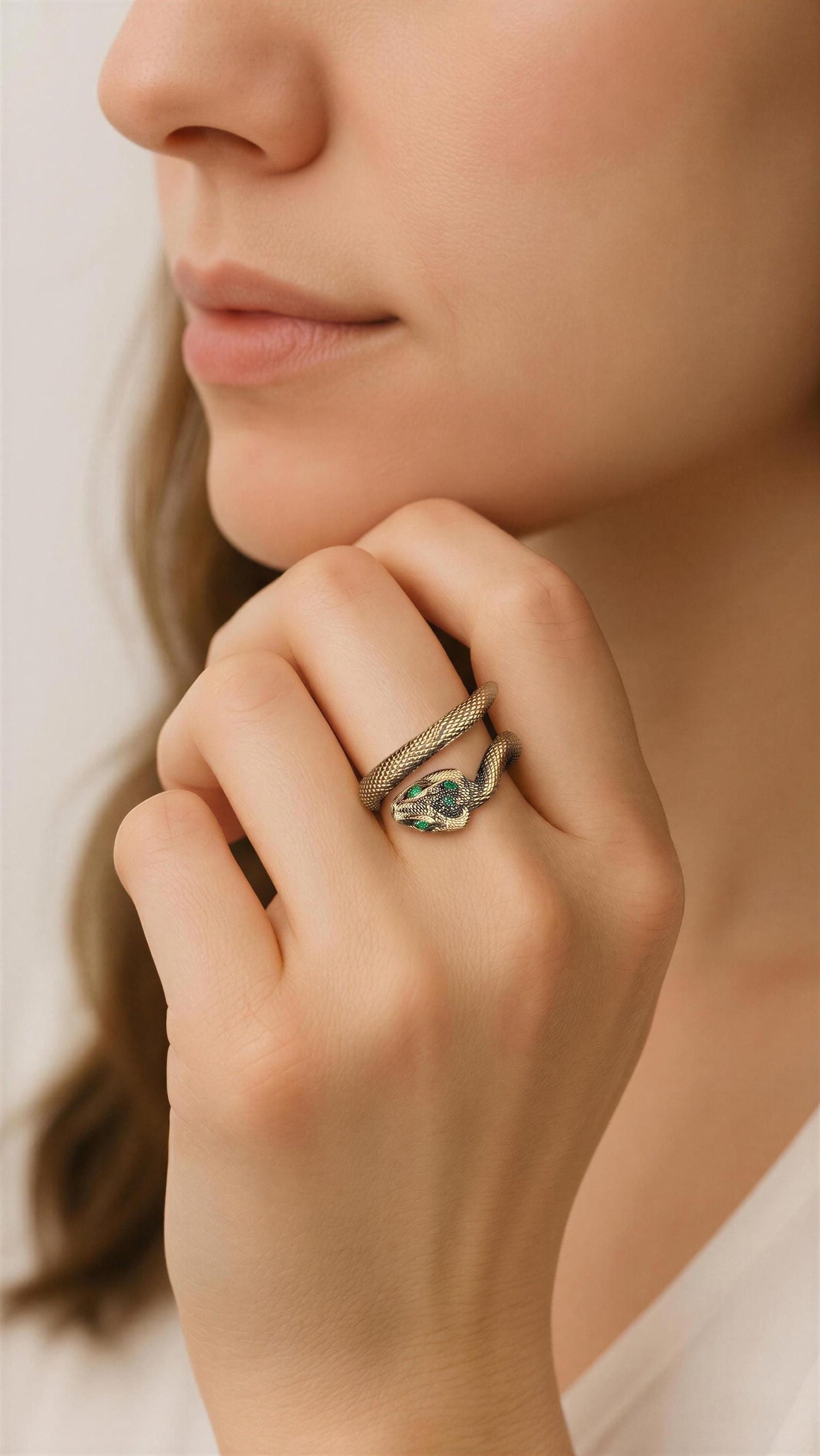 Handcrafted Bronze Emerald-Eyed Snake Wrap Adjustable Statement Ring, Artisan Jewelry