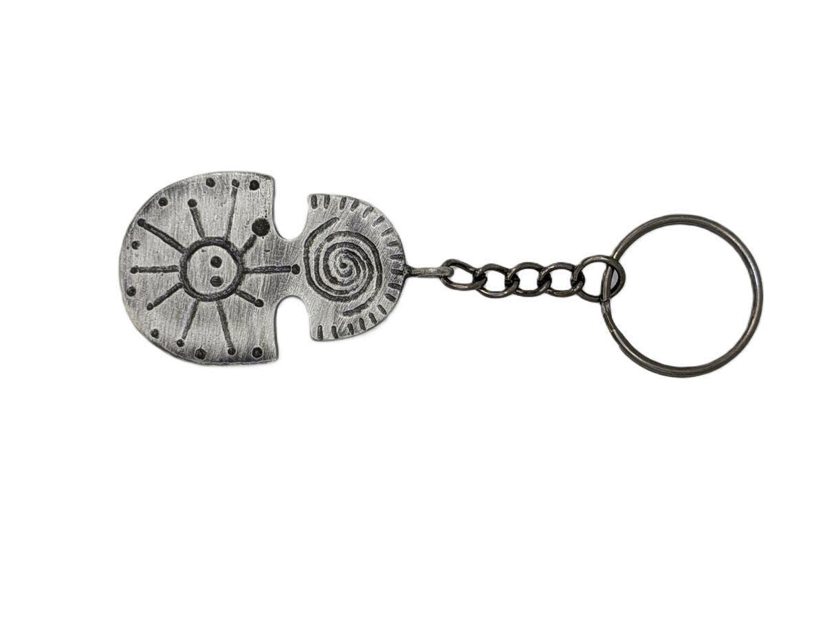 Handmade Taino Heritage Water & Sun Petroglyphs Pewter Keychain, Caribbean Heritage Gift