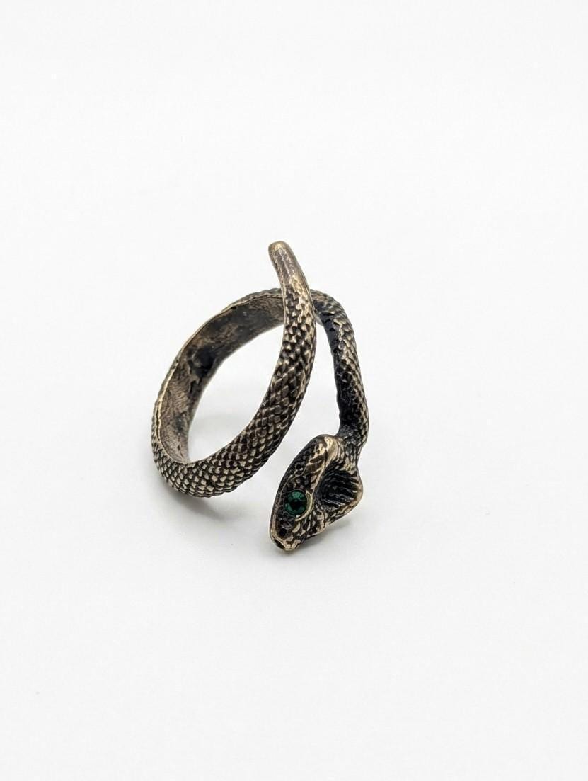Handcrafted Bronze Emerald-Eyed Snake Wrap Adjustable Statement Ring, Artisan Jewelry