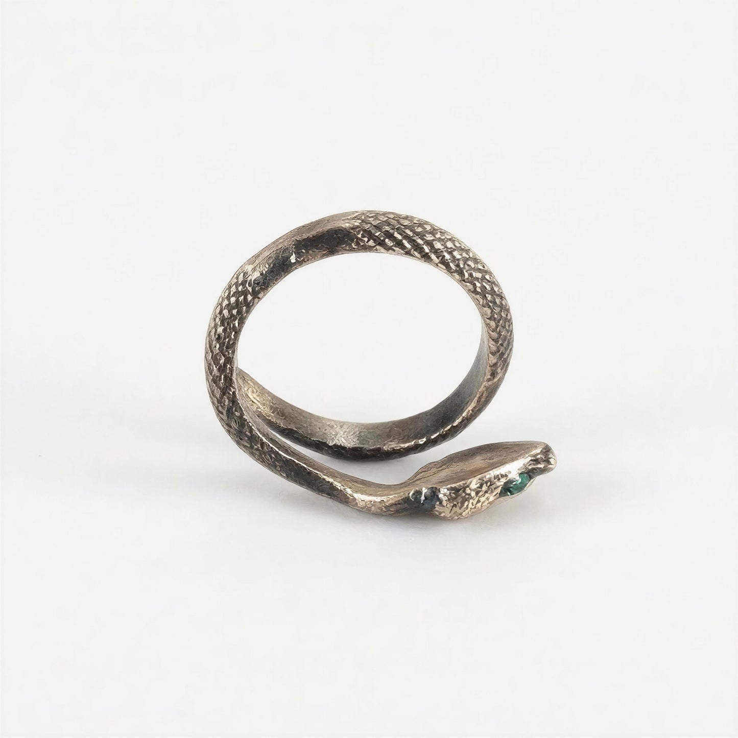 Handcrafted Bronze Emerald-Eyed Snake Wrap Adjustable Statement Ring, Artisan Jewelry