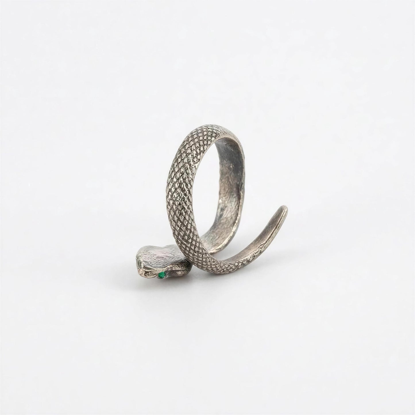 Handcrafted Bronze Emerald-Eyed Snake Wrap Adjustable Statement Ring, Artisan Jewelry