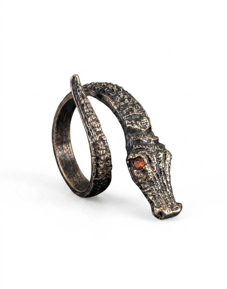 Handcrafted Bronze Alligator Wrap Adjustable Statement Ring with Red Eyes Stones
