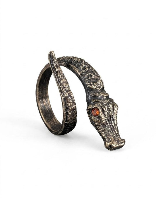 Handcrafted Bronze Alligator Wrap Adjustable Statement Ring with Red Eyes Stones