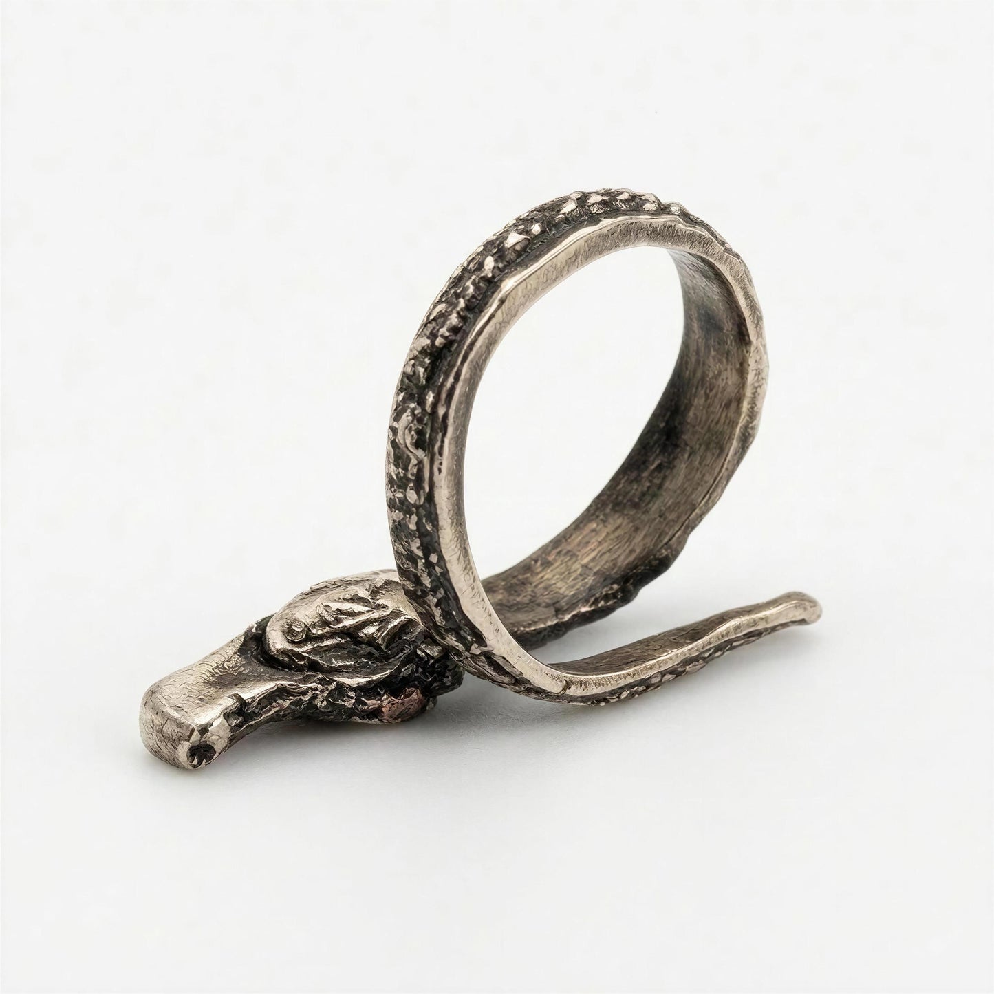 Handcrafted Bronze Alligator Wrap Adjustable Statement Ring with Red Eyes Stones