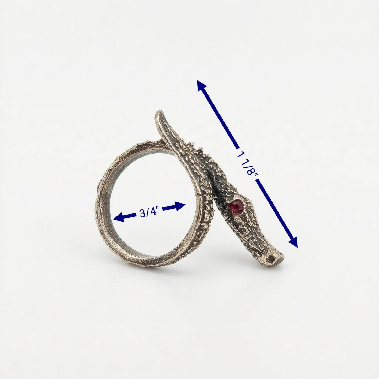 Handcrafted Bronze Alligator Wrap Adjustable Statement Ring with Red Eyes Stones