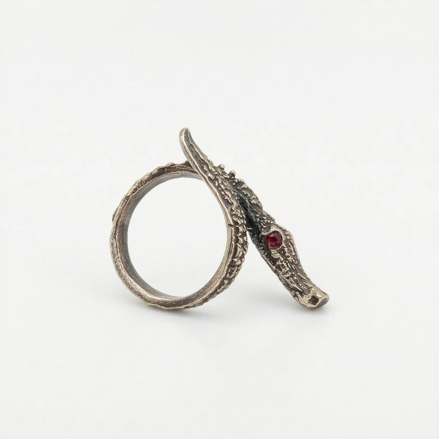 Handcrafted Bronze Alligator Wrap Adjustable Statement Ring with Red Eyes Stones