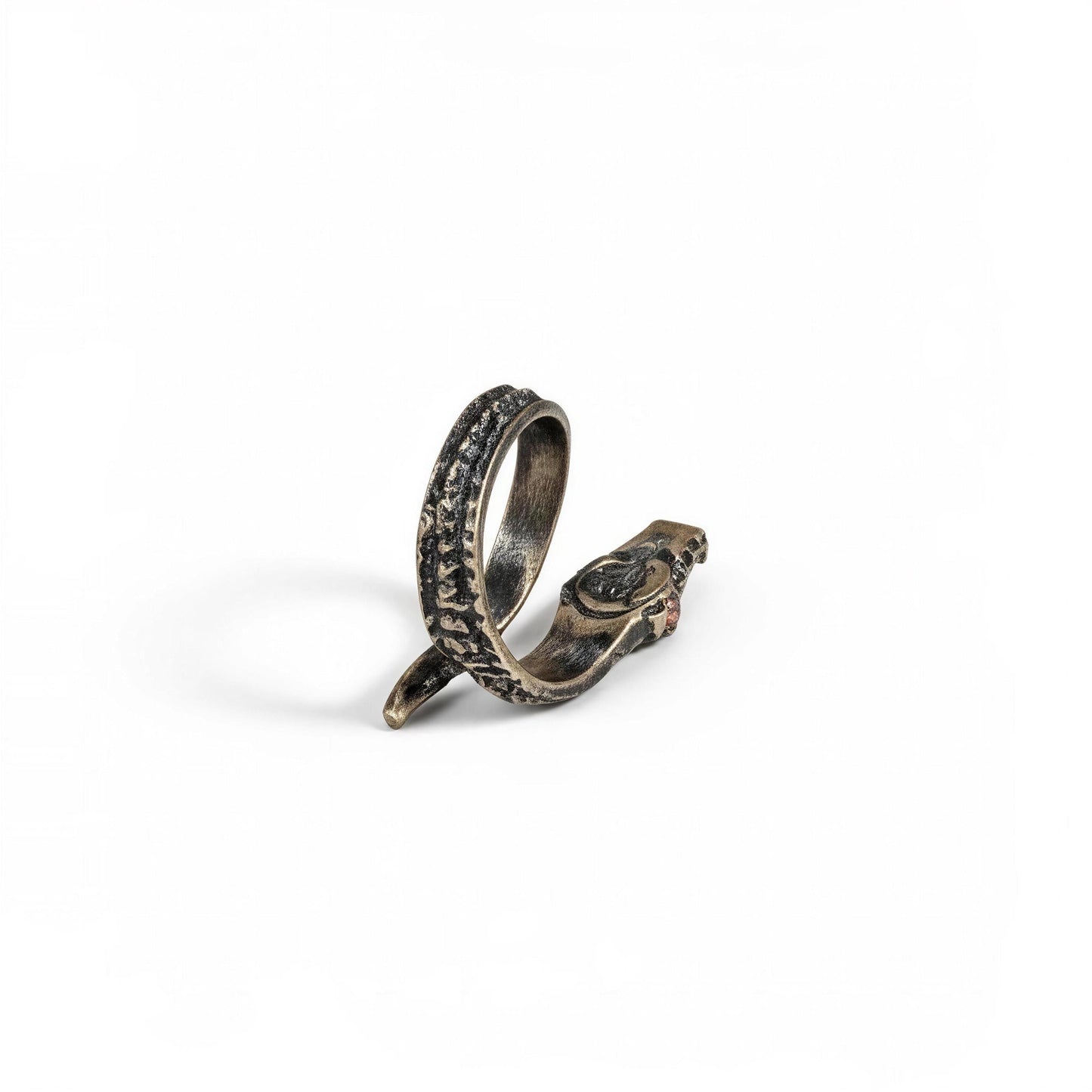 Handcrafted Bronze Alligator Wrap Adjustable Statement Ring with Red Eyes Stones