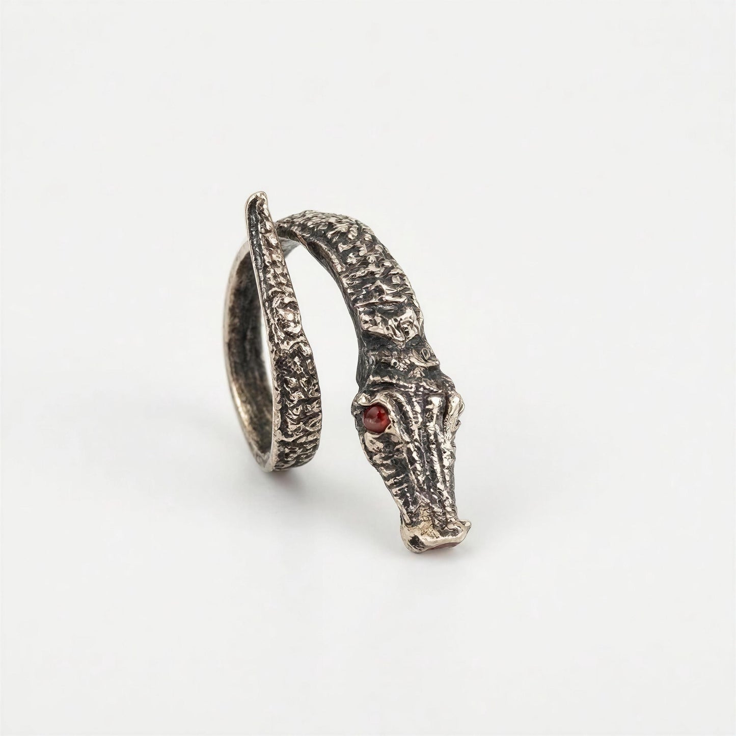 Handcrafted Bronze Alligator Wrap Adjustable Statement Ring with Red Eyes Stones