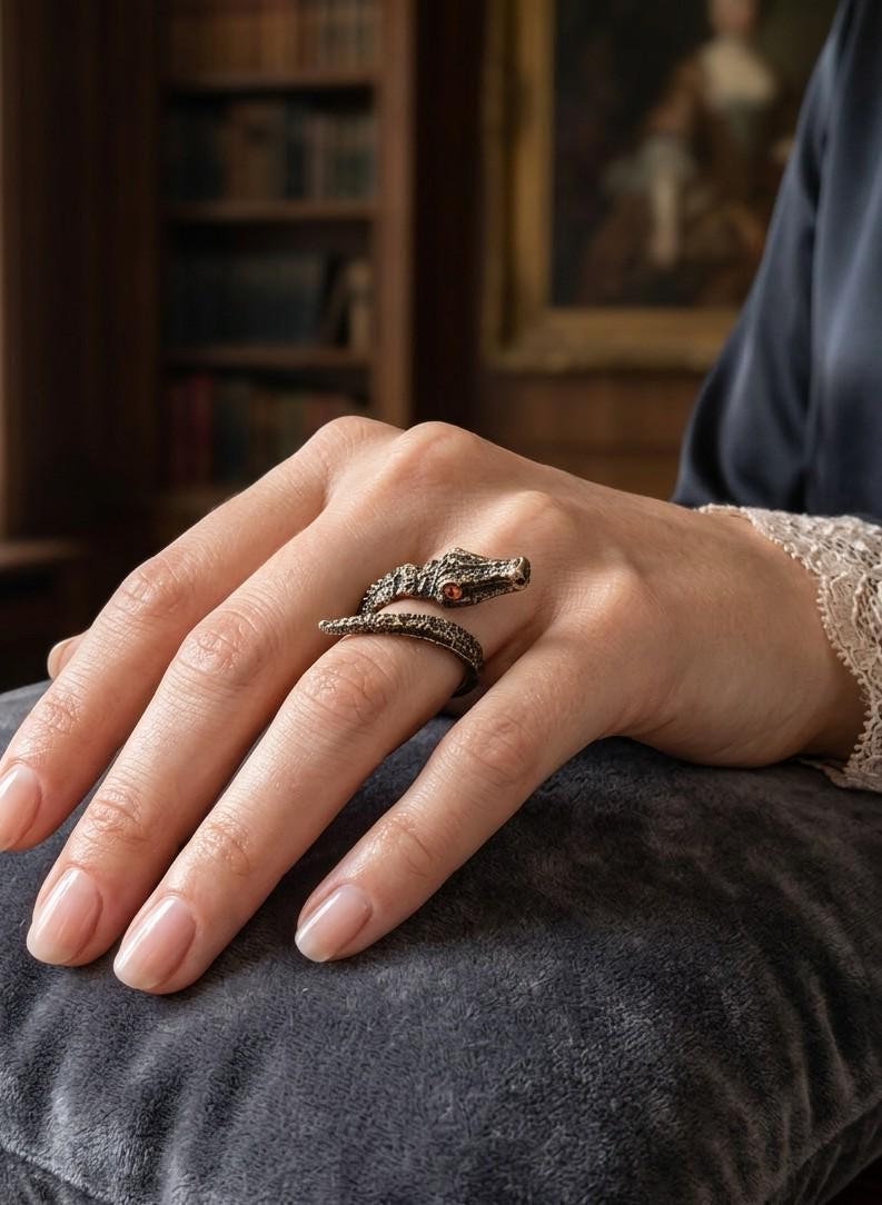 Handcrafted Bronze Alligator Wrap Adjustable Statement Ring with Red Eyes Stones