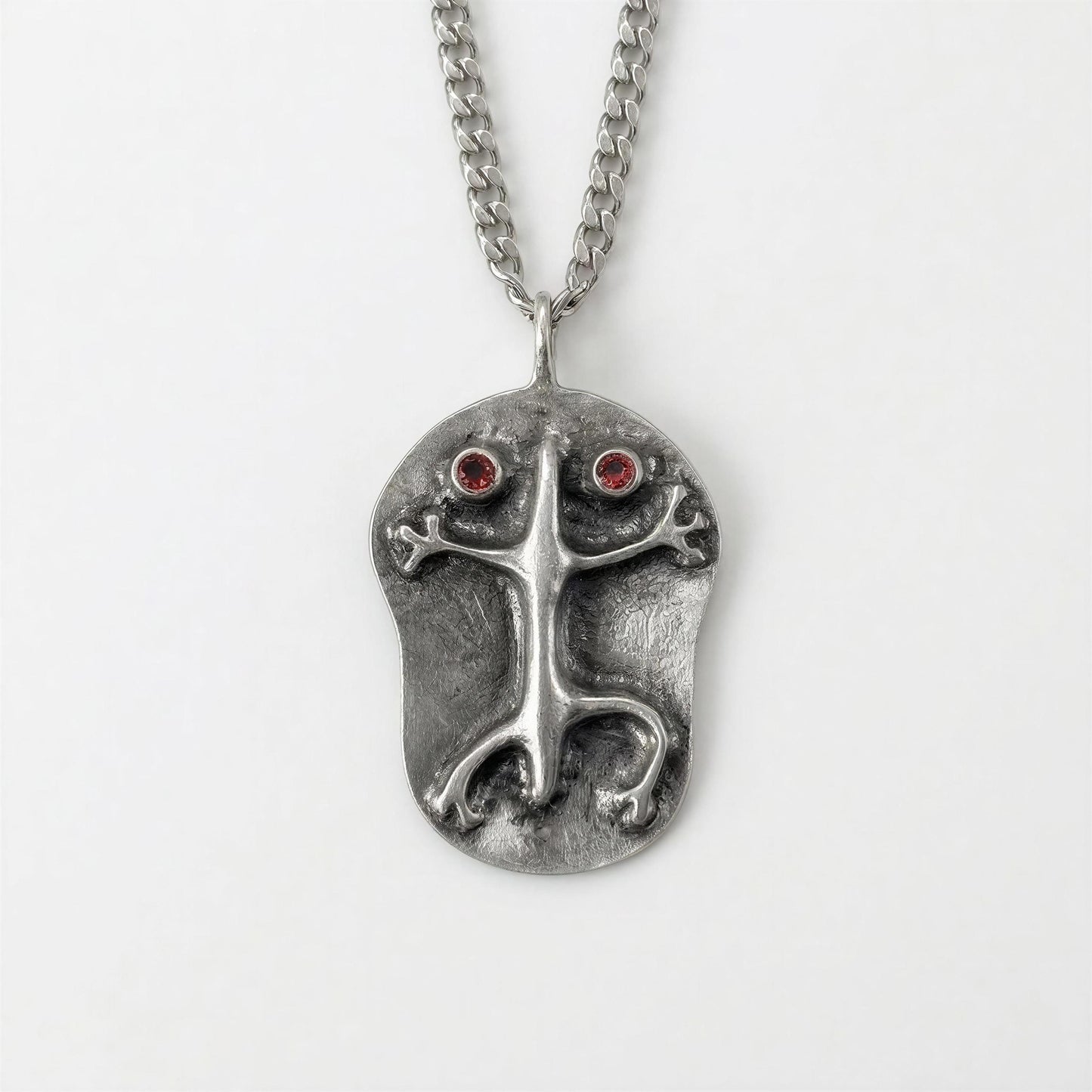 Pewter Coqui Frog Pendant, Puerto Rico Cultural Jewelry, Garnet Eyes, Cuban Links Chain