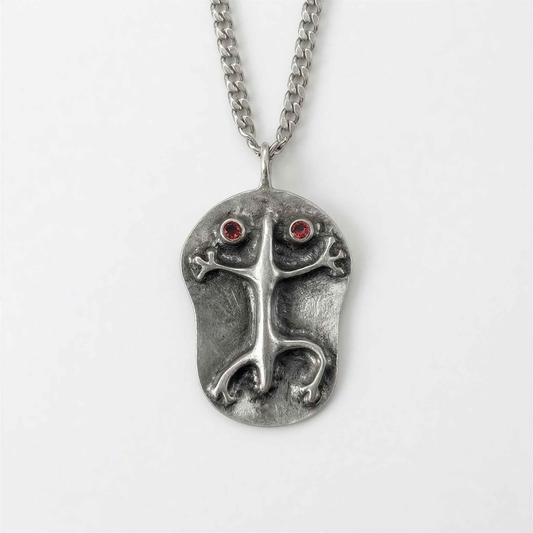 Pewter Coqui Frog Pendant, Puerto Rico Cultural Jewelry, Garnet Eyes, Cuban Links Chain