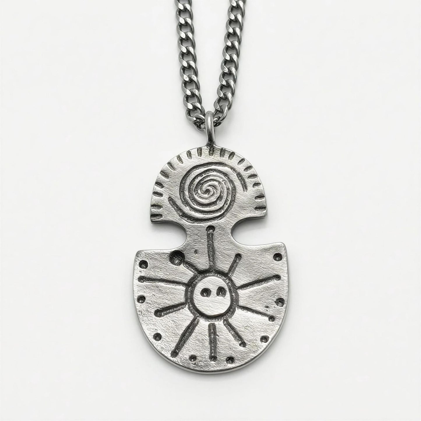 Pewter Taino Petroglyph Pendant – Sun Water Symbol, Cuban Link Chain