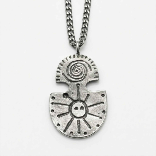 Pewter Taino Petroglyph Pendant – Sun Water Symbol, Cuban Link Chain