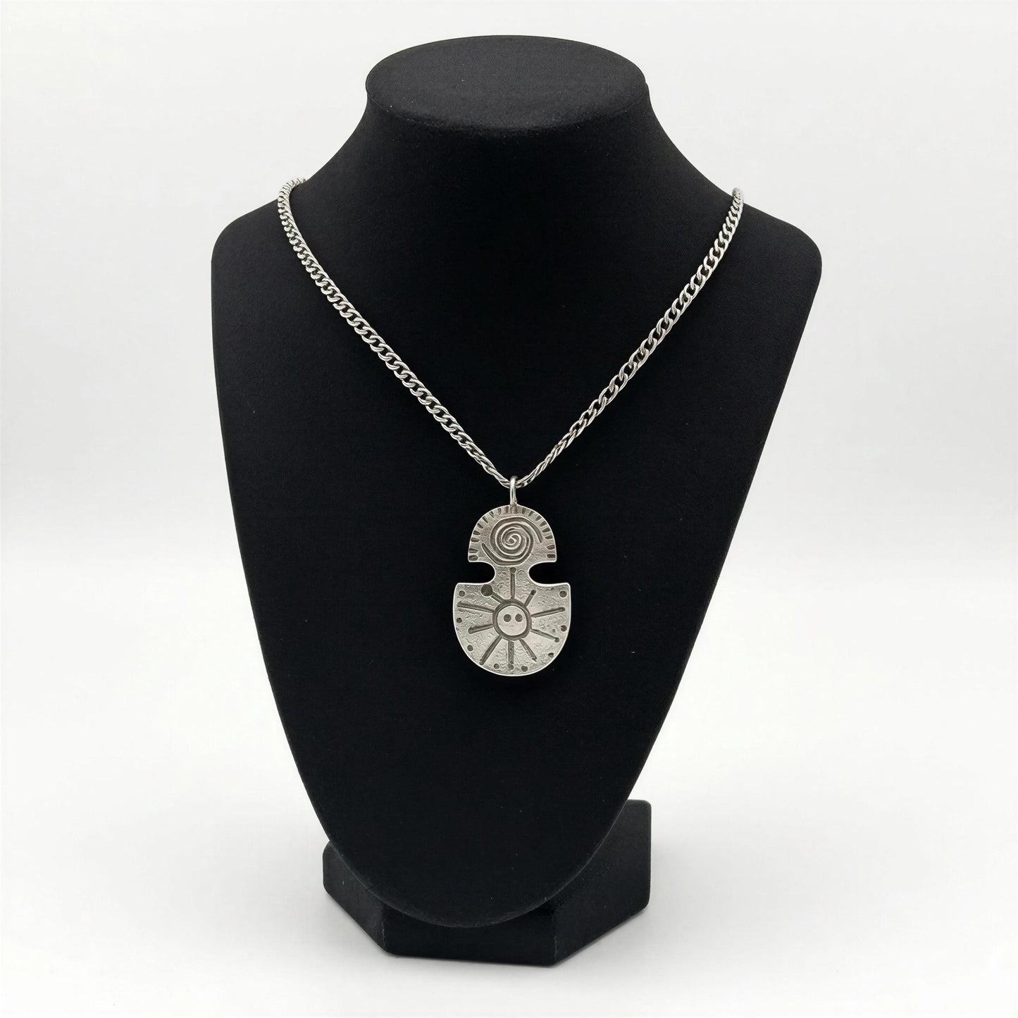 Pewter Taino Petroglyph Pendant – Sun Water Symbol, Cuban Link Chain