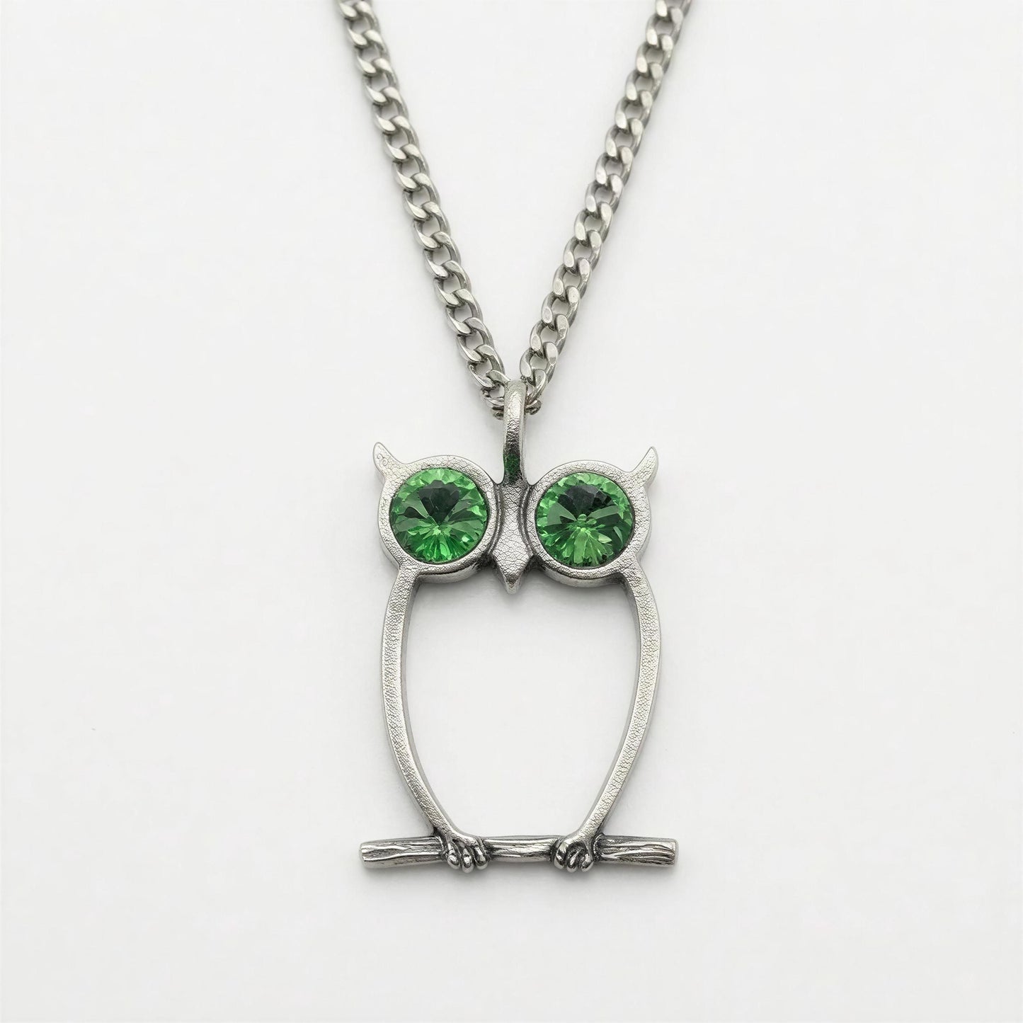 Handcrafted Lead-Free Pewter Green-Eyed Owl Pendant, 3.5mm Cuban Links Chain