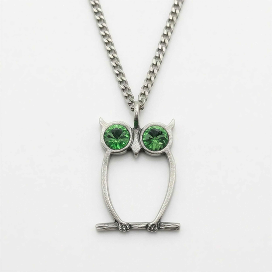 Handcrafted Lead-Free Pewter Green-Eyed Owl Pendant, 3.5mm Cuban Links Chain