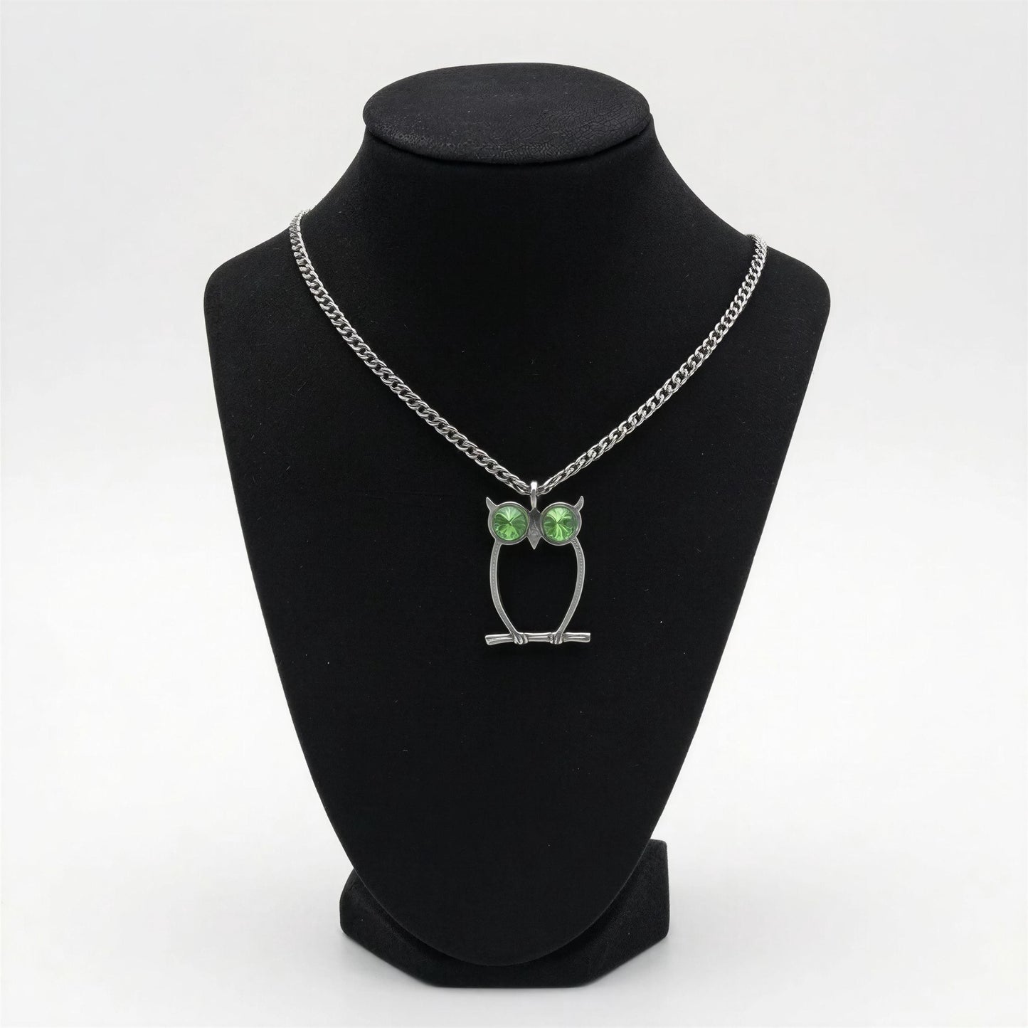 Handcrafted Lead-Free Pewter Green-Eyed Owl Pendant, 3.5mm Cuban Links Chain