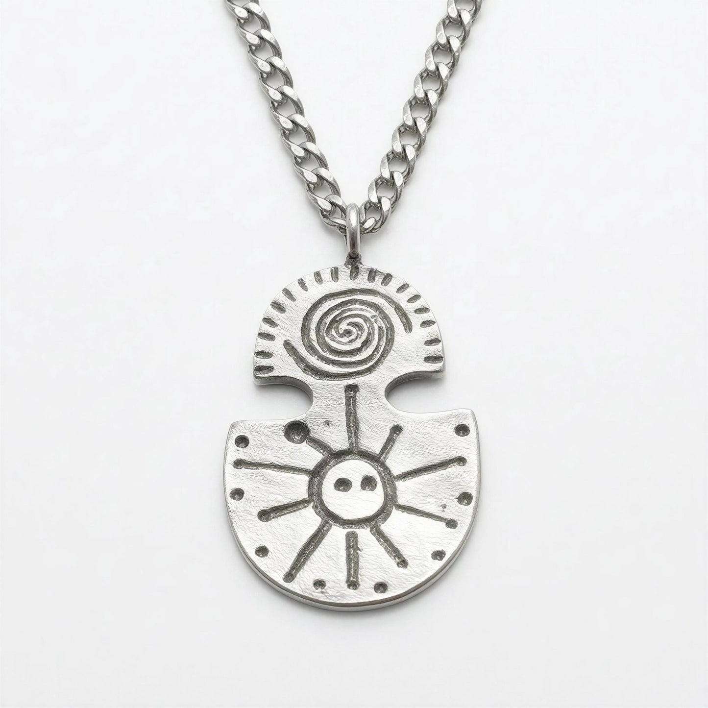 Pewter Taino Petroglyph Pendant – Sun Water Symbol, Cuban Link Chain