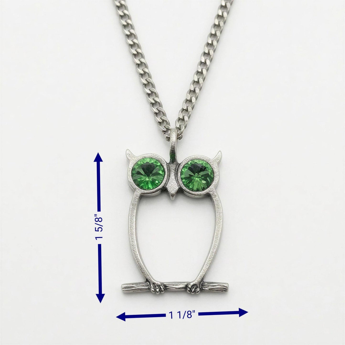 Handcrafted Lead-Free Pewter Green-Eyed Owl Pendant, 3.5mm Cuban Links Chain