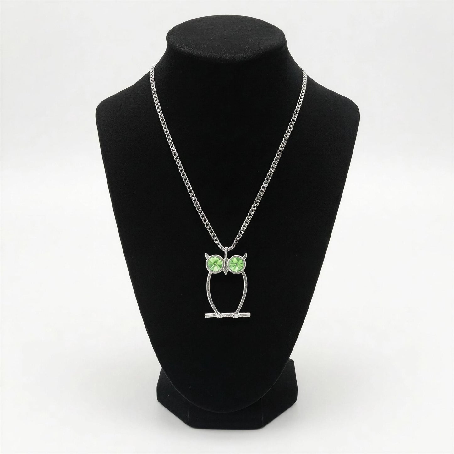 Handcrafted Lead-Free Pewter Green-Eyed Owl Pendant, 3.5mm Cuban Links Chain