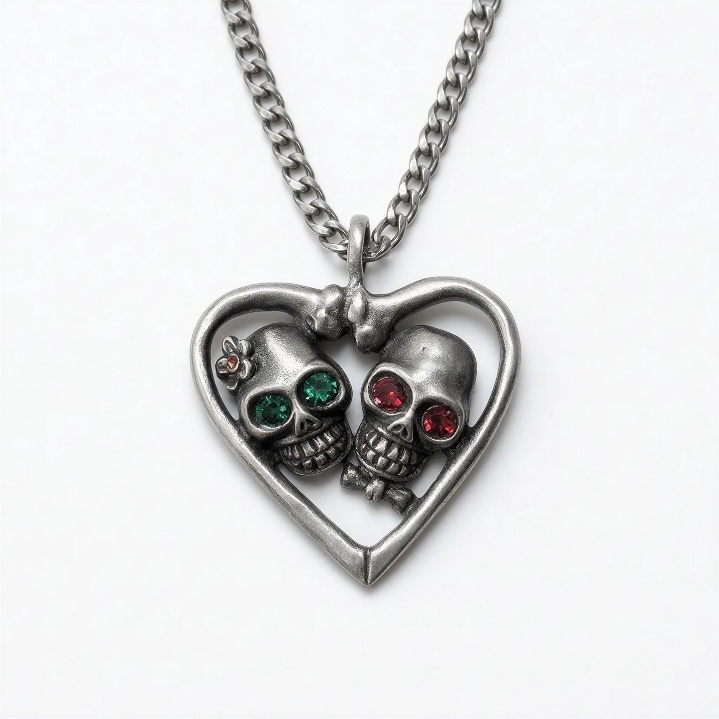 Handcrafted Lead-Free Pewter Day of the Dead Catrina Heart Pendant, 3.5mm Cuban Links Chain