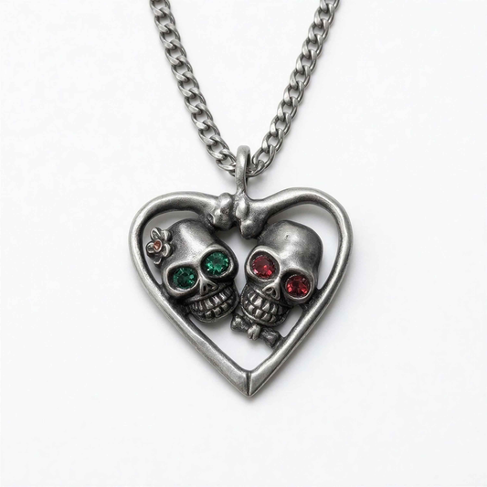 Handcrafted Lead-Free Pewter Day of the Dead Catrina Heart Pendant, 3.5mm Cuban Links Chain