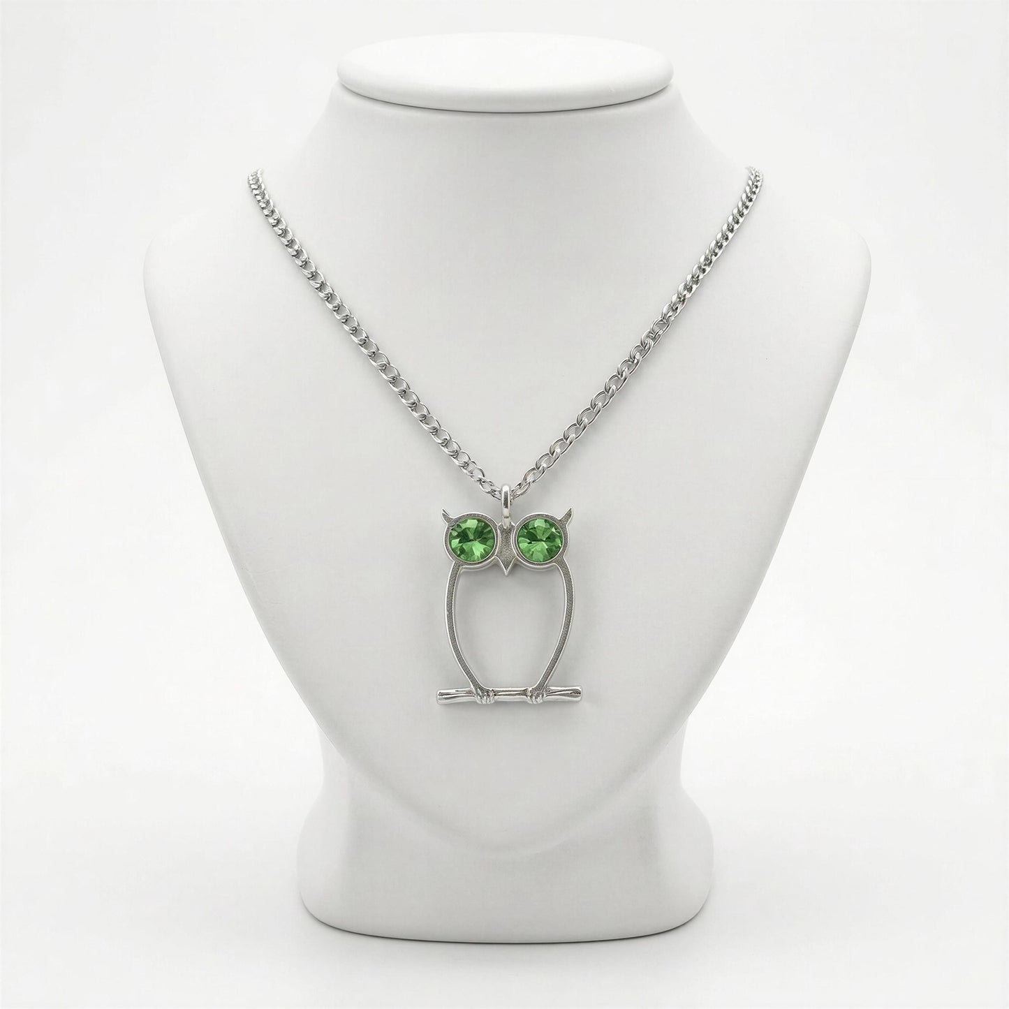 Handcrafted Lead-Free Pewter Green-Eyed Owl Pendant, 3.5mm Cuban Links Chain