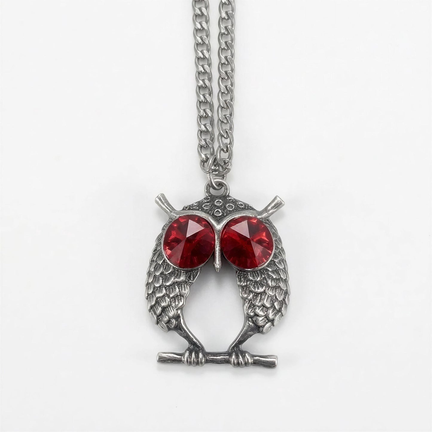 Handcrafted Lead-Free Pewter Red-Eyed Owl Pendant, 3.5mm Cuban Links Chain