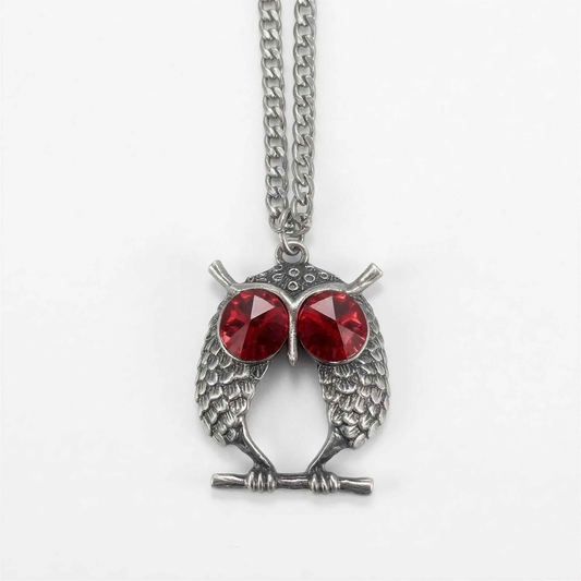 Handcrafted Lead-Free Pewter Red-Eyed Owl Pendant, 3.5mm Cuban Links Chain
