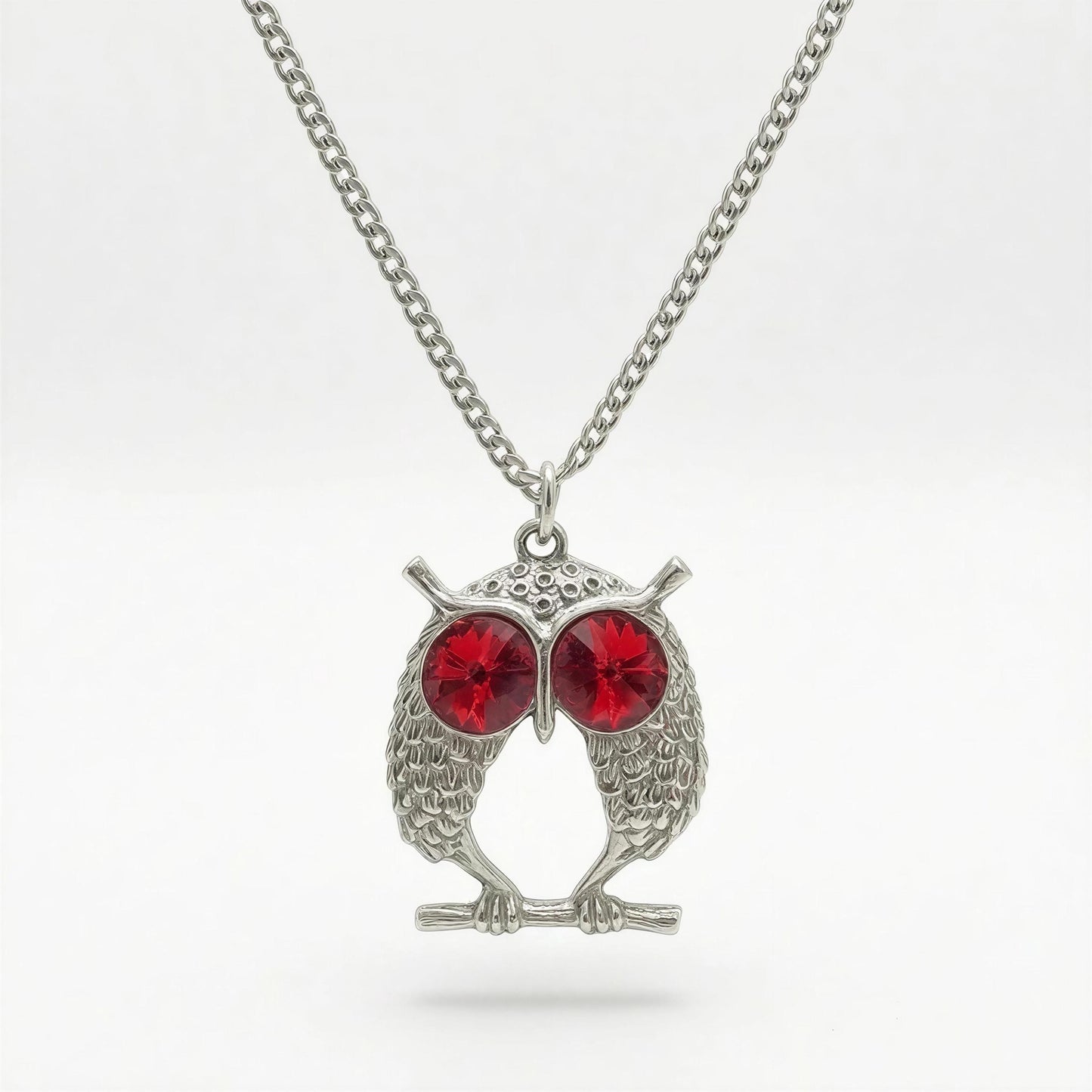 Handcrafted Lead-Free Pewter Red-Eyed Owl Pendant, 3.5mm Cuban Links Chain